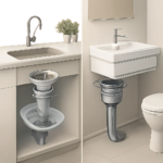 Illustration d’un filtre anti-odeur et anti-bouchon placé sur une évacuation domestique. L’image met en avant la membrane anti-retour et la rétention des résidus dans un style clair et moderne.