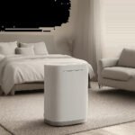 Un déshumidificateur discret dans un intérieur moderne et apaisant, illustrant le confort sonore et la maîtrise de l’humidité. L’ambiance met en avant une solution premium adaptée aux pièces de vie.