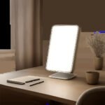Une lampe de luminothérapie posée dans un bureau minimaliste, illustrant une routine du matin simple et crédible. L’ambiance évoque l’éveil, la concentration et le confort en période de faible luminosité.