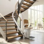 Monte-escalier moderne sur un escalier tournant, maison lumineuse