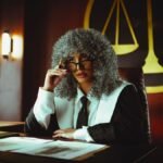 Juge aux cheveux gris lit un document sous une lampe verte dans un bureau
